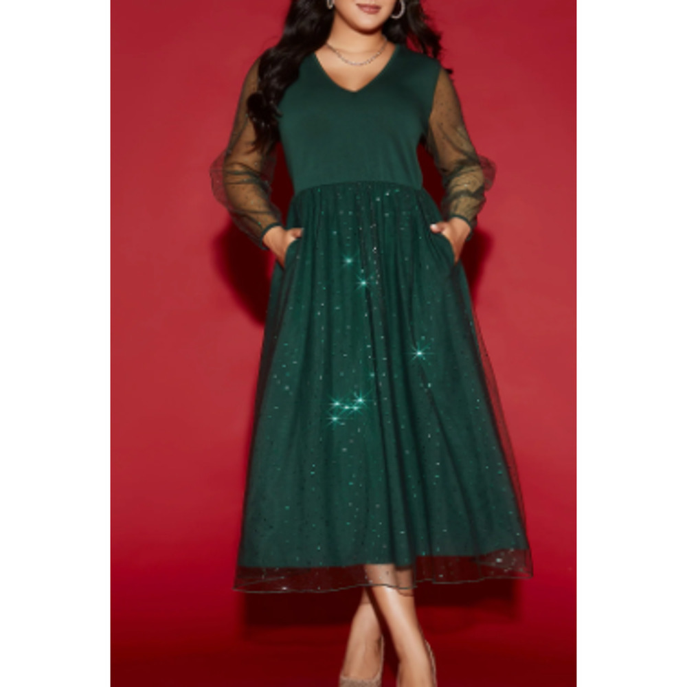 BloomChic Green Midi Dress with Sheer Sleeves